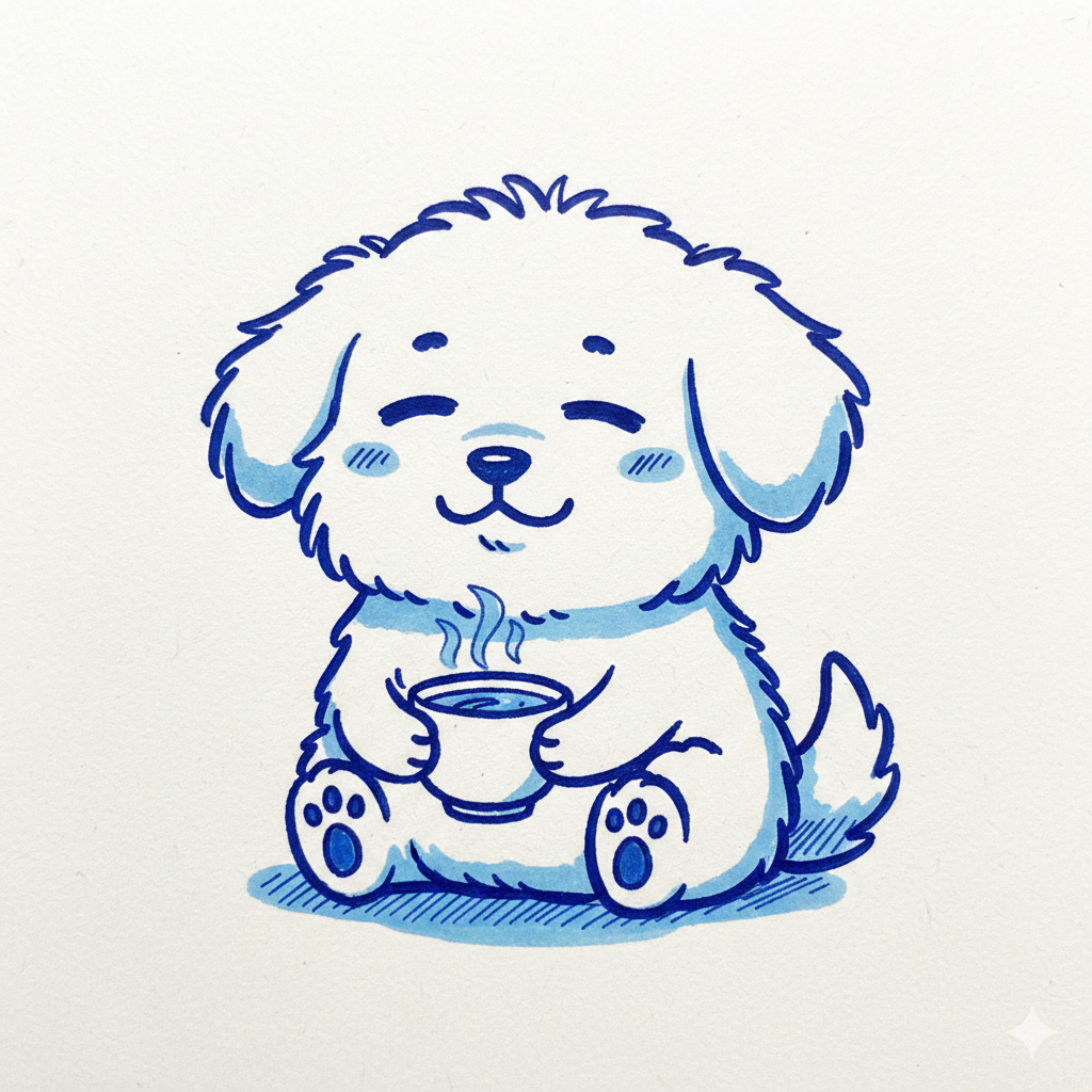 Illustration of a dog enjoying a latte